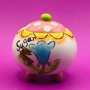 Whimsical Bunny With Spring flowers Porcelain Sugar Bowl Pottery